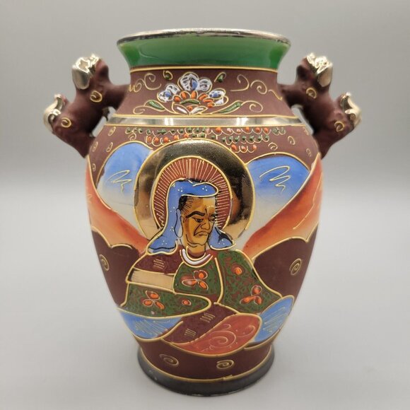 Japanese Mid Century Satsuma Ware Vase Foo Dogs Moriage Relief Hand Painted Gold - Picture 3 of 11